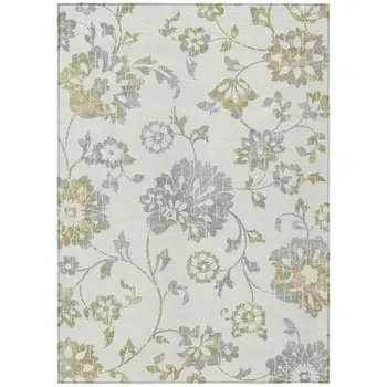 5' X 8' Ivory Gray And Gold Floral Washable Indoor Outdoor Area Rug