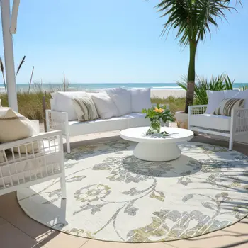8' Ivory Gray And Gold Round Floral Washable Indoor Outdoor Area Rug