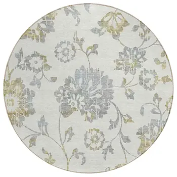 8' Ivory Gray And Gold Round Floral Washable Indoor Outdoor Area Rug