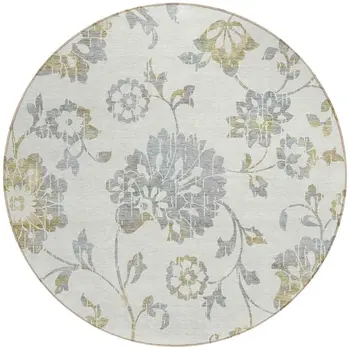 8' Ivory Gray And Gold Round Floral Washable Indoor Outdoor Area Rug