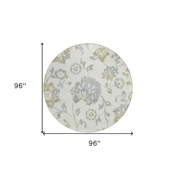 8' Ivory Gray And Gold Round Floral Washable Indoor Outdoor Area Rug