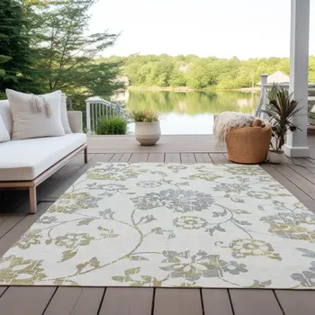 8' X 10' Ivory Gray And Gold Floral Washable Indoor Outdoor Area Rug