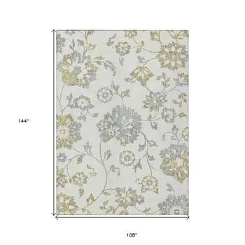 9' X 12' Ivory Gray And Gold Floral Washable Indoor Outdoor Area Rug
