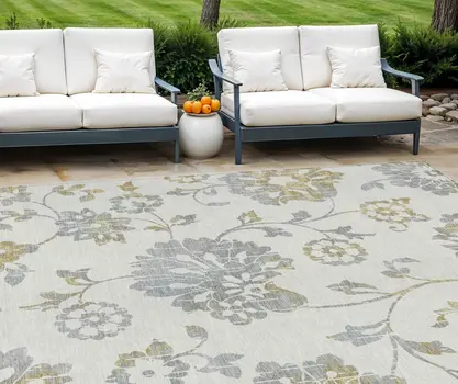 9' X 12' Ivory Gray And Gold Floral Washable Indoor Outdoor Area Rug