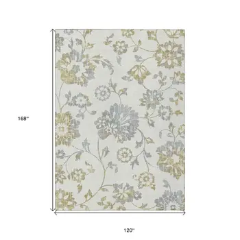 10' X 14' Ivory Gray And Gold Floral Washable Indoor Outdoor Area Rug