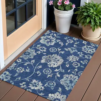 3' X 5' Navy Blue And Gray Floral Washable Indoor Outdoor Area Rug
