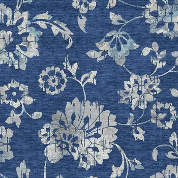 5' X 8' Navy Blue And Gray Floral Washable Indoor Outdoor Area Rug