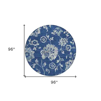 8' Navy Blue And Gray Round Floral Washable Indoor Outdoor Area Rug