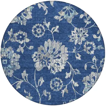 8' Navy Blue And Gray Round Floral Washable Indoor Outdoor Area Rug