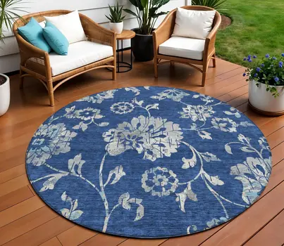 8' Navy Blue And Gray Round Floral Washable Indoor Outdoor Area Rug