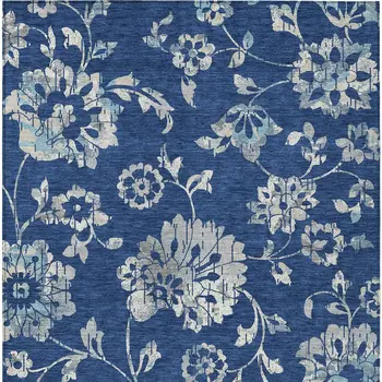 8' X 10' Navy Blue And Gray Floral Washable Indoor Outdoor Area Rug