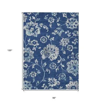 8' X 10' Navy Blue And Gray Floral Washable Indoor Outdoor Area Rug