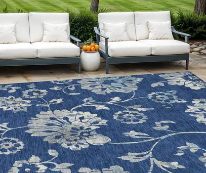 8' X 10' Navy Blue And Gray Floral Washable Indoor Outdoor Area Rug