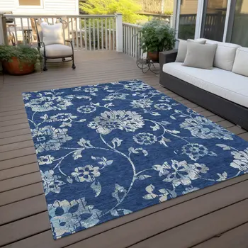 8' X 10' Navy Blue And Gray Floral Washable Indoor Outdoor Area Rug