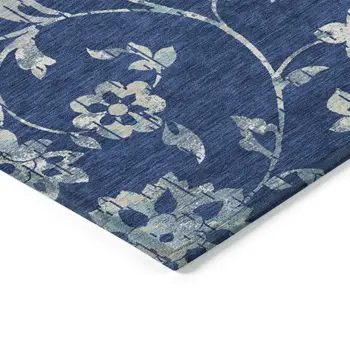 8' X 10' Navy Blue And Gray Floral Washable Indoor Outdoor Area Rug