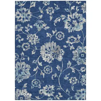 10' X 14' Navy Blue And Gray Floral Washable Indoor Outdoor Area Rug