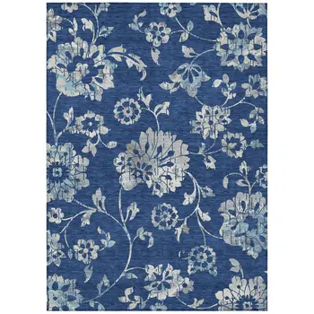10' X 14' Navy Blue And Gray Floral Washable Indoor Outdoor Area Rug