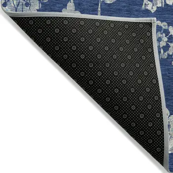 10' X 14' Navy Blue And Gray Floral Washable Indoor Outdoor Area Rug