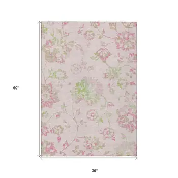 3' X 5' Pink Blush And Artichoke Green Floral Washable Indoor Outdoor Area Rug
