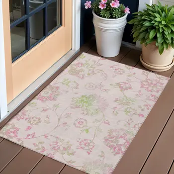 3' X 5' Pink Blush And Artichoke Green Floral Washable Indoor Outdoor Area Rug
