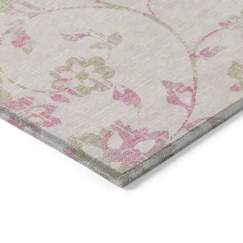 3' X 5' Pink Blush And Artichoke Green Floral Washable Indoor Outdoor Area Rug