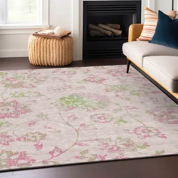 3' X 5' Pink Blush And Artichoke Green Floral Washable Indoor Outdoor Area Rug