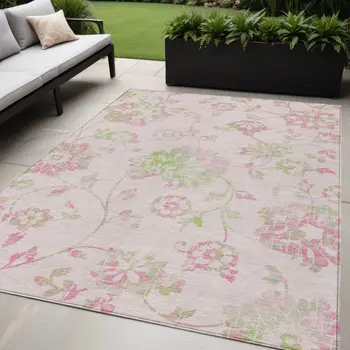 5' X 8' Pink Blush And Artichoke Green Floral Washable Indoor Outdoor Area Rug