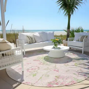 8' Pink Blush And Artichoke Green Round Floral Washable Indoor Outdoor Area Rug