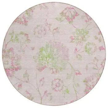 8' Pink Blush And Artichoke Green Round Floral Washable Indoor Outdoor Area Rug