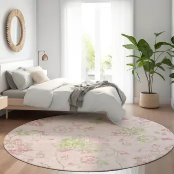 8' Pink Blush And Artichoke Green Round Floral Washable Indoor Outdoor Area Rug