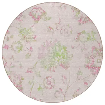 8' Pink Blush And Artichoke Green Round Floral Washable Indoor Outdoor Area Rug