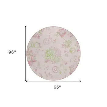 8' Pink Blush And Artichoke Green Round Floral Washable Indoor Outdoor Area Rug
