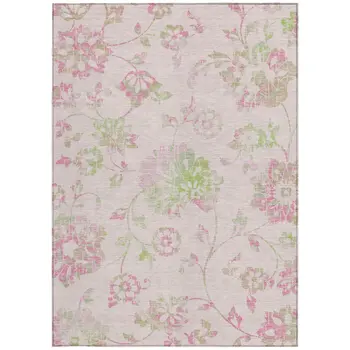 10' X 14' Pink Blush And Artichoke Green Floral Washable Indoor Outdoor Area Rug