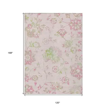 10' X 14' Pink Blush And Artichoke Green Floral Washable Indoor Outdoor Area Rug