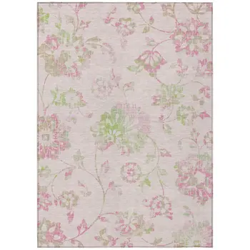 10' X 14' Pink Blush And Artichoke Green Floral Washable Indoor Outdoor Area Rug