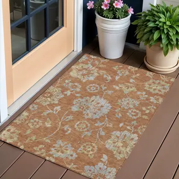 3' X 5' Orange Copper And Gray Floral Washable Indoor Outdoor Area Rug