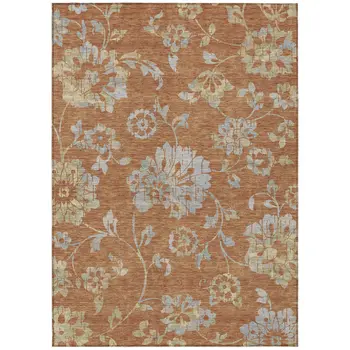 3' X 5' Orange Copper And Gray Floral Washable Indoor Outdoor Area Rug