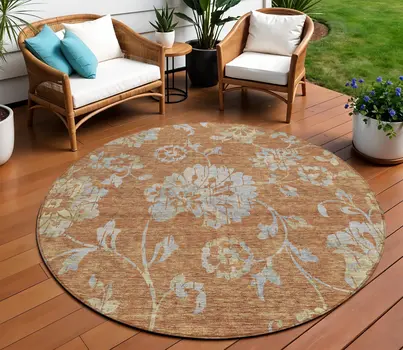 8' Orange Copper And Gray Round Floral Washable Indoor Outdoor Area Rug