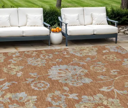 9' X 12' Orange Copper And Gray Floral Washable Indoor Outdoor Area Rug