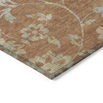 9' X 12' Orange Copper And Gray Floral Washable Indoor Outdoor Area Rug