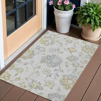 3' X 5' Silver Gray And Gold Floral Washable Indoor Outdoor Area Rug