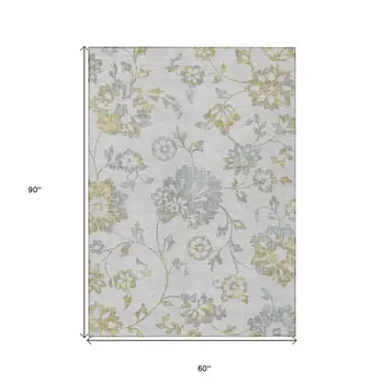 5' X 8' Silver Gray And Gold Floral Washable Indoor Outdoor Area Rug