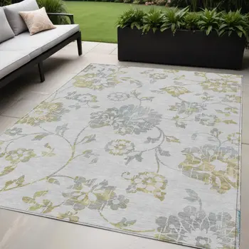 5' X 8' Silver Gray And Gold Floral Washable Indoor Outdoor Area Rug