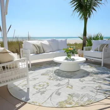 8' Silver Gray And Gold Round Floral Washable Indoor Outdoor Area Rug