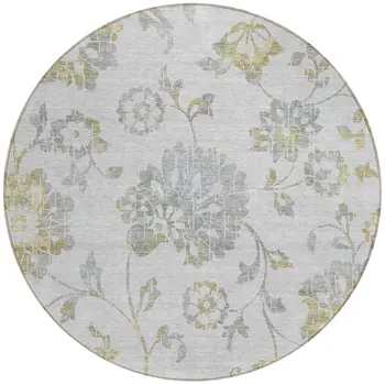 8' Silver Gray And Gold Round Floral Washable Indoor Outdoor Area Rug