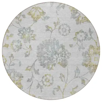 8' Silver Gray And Gold Round Floral Washable Indoor Outdoor Area Rug
