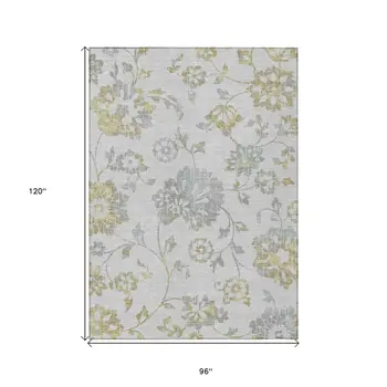 8' X 10' Silver Gray And Gold Floral Washable Indoor Outdoor Area Rug