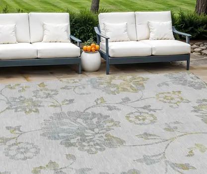 8' X 10' Silver Gray And Gold Floral Washable Indoor Outdoor Area Rug