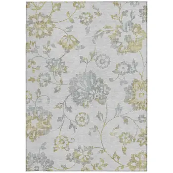 9' X 12' Silver Gray And Gold Floral Washable Indoor Outdoor Area Rug