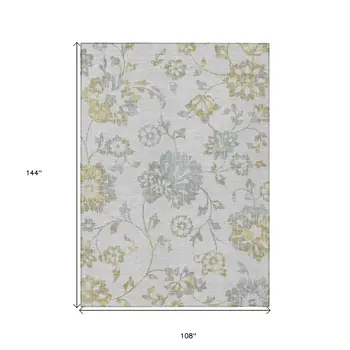 9' X 12' Silver Gray And Gold Floral Washable Indoor Outdoor Area Rug